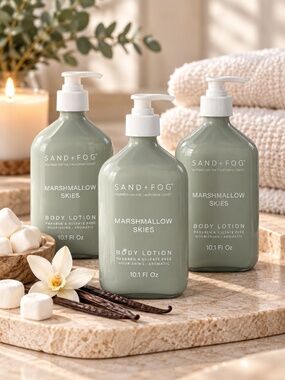 Sand + Fog Marshmallow Skies Body Lotion 10.1 oz Lot of 3 Glass Pump Bottles NEW